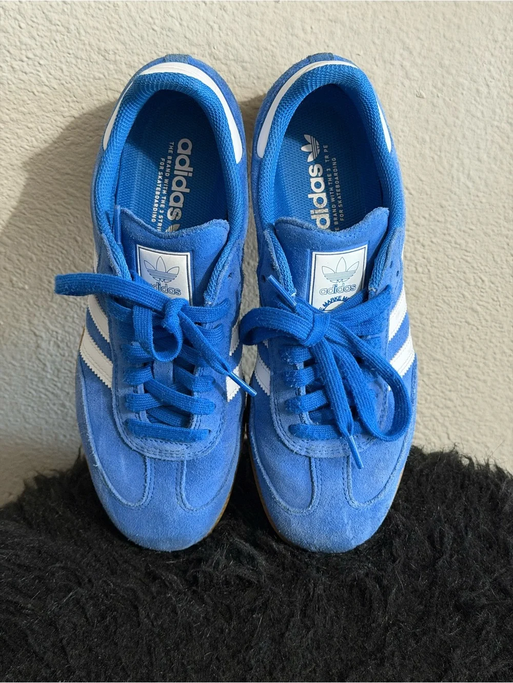 adidas Kids Blue Suede Sneakers with White Stripes